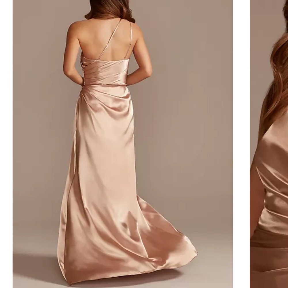 David's Bridal Dress | Charmeuse Draped One-Shoulder with Slit in Cinnamon - Picture 9 of 9